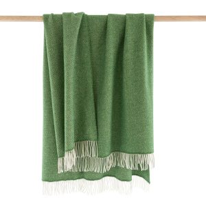 Merino Wool Cashmere Throw Green Herringbone