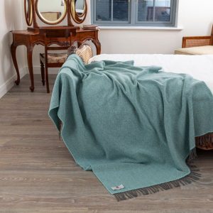 Oversized Merino Wool Cashmere Throw Duck Egg Herringbone