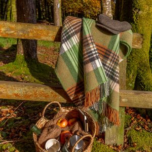 Large Irish Picnic Blanket Green Orange Charcoal Cream Plaid