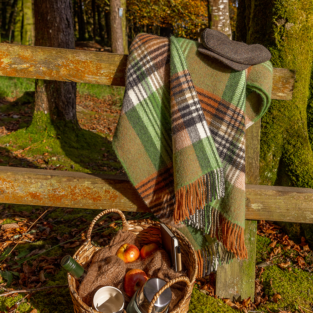 John Hanly - Large Irish Picnic Blanket Green Orange Charcoal Cream Plaid -137 x 182cm (54 x 72”)