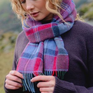 Irish Wool Scarf Long Raspberry Red Lavender Purple Check