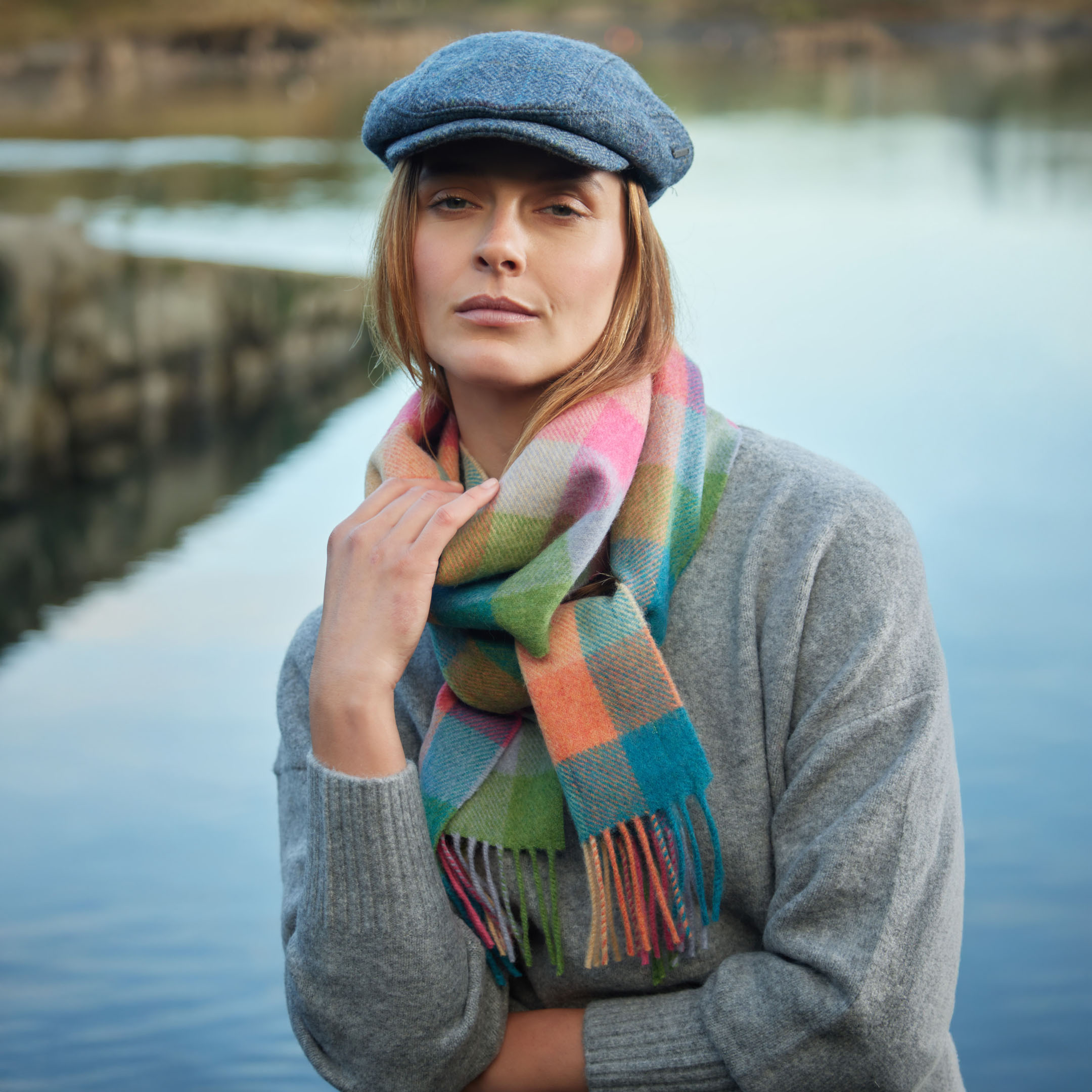 Irish Wool Scarf Long Green Pink Orange Teal Block Check