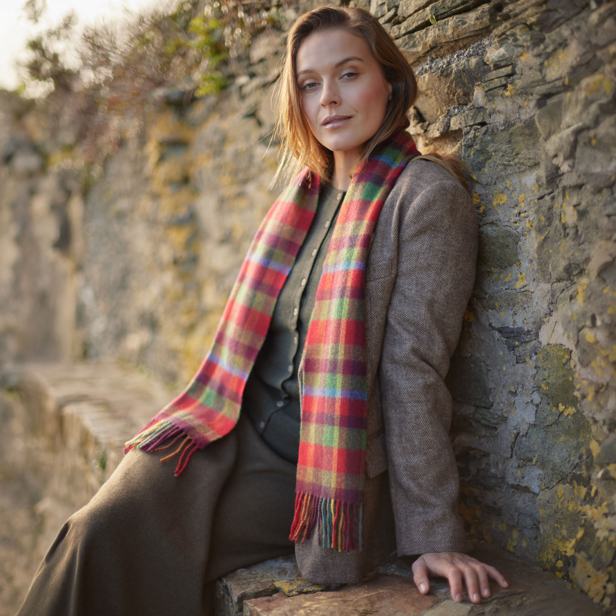 Irish Wool Scarf Short Red Green Yellow Check