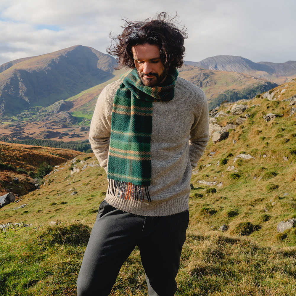 Irish Cashmere Merino Scarf Green Beige Check