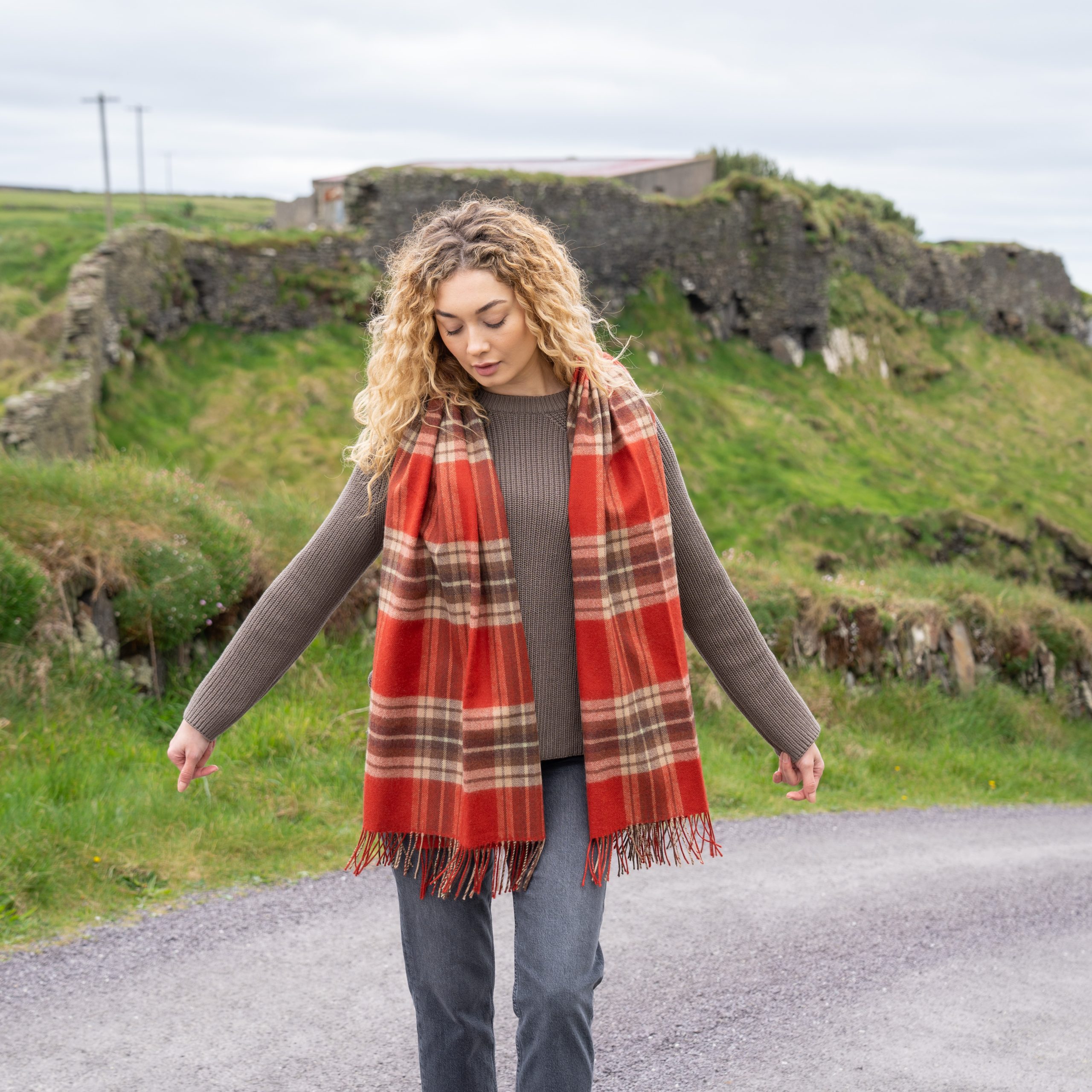 Oversized Merino Scarf Rust Brown Beige Plaid