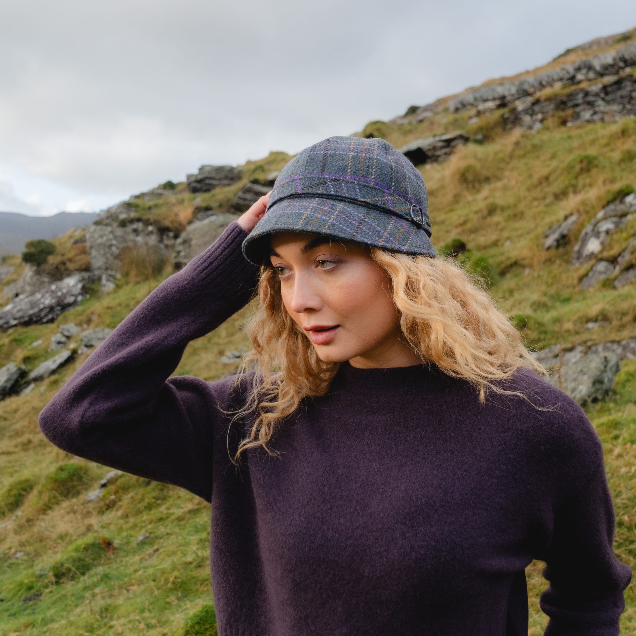 Irish Ladies Tweed Hat Blue Green with Purple Overchecks