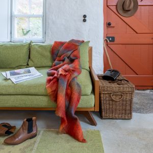 Mohair Throw Bright Orange Red and Blue Check Mix
