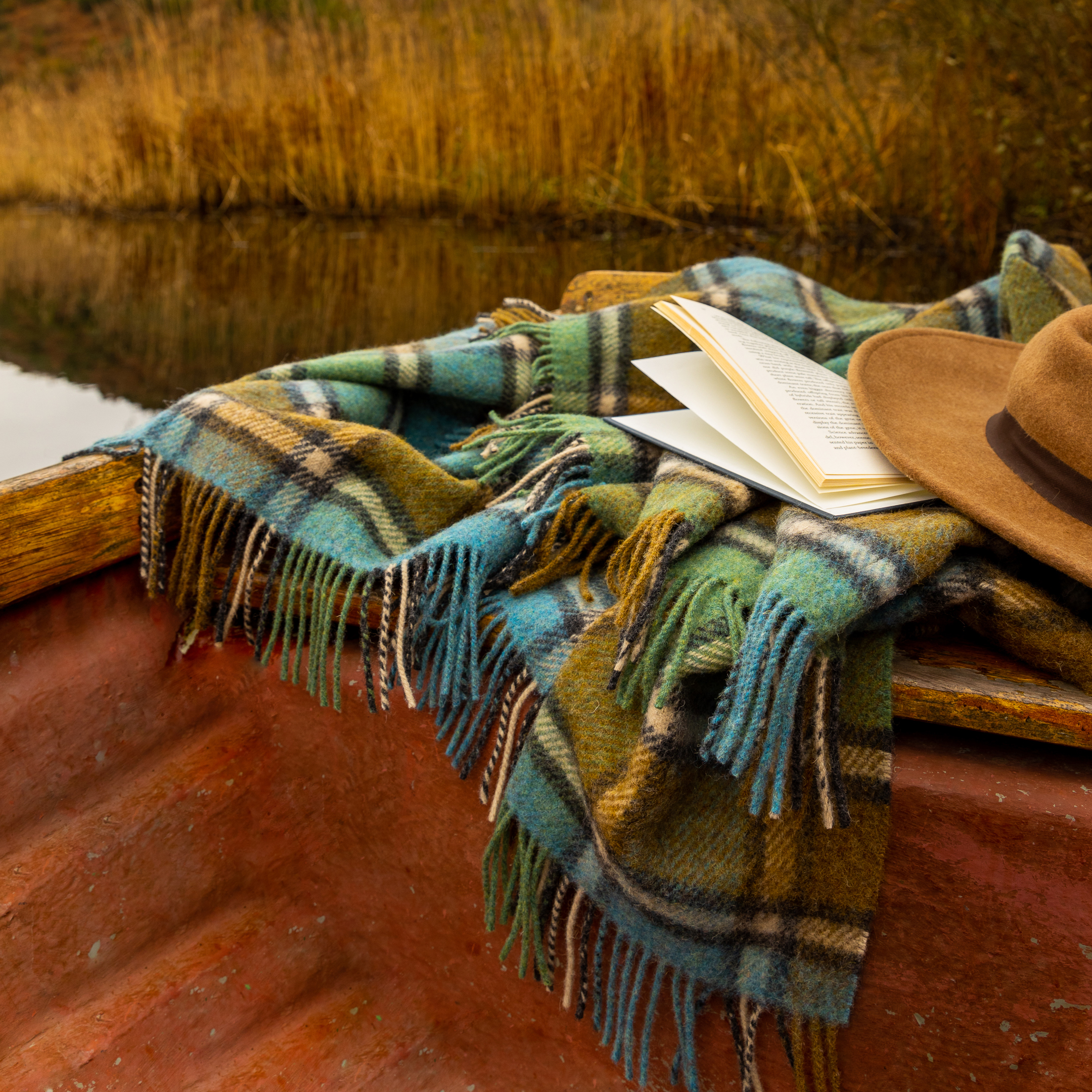 Large Irish Picnic Blanket Lichen Sea Green and Beige Plaid - 137 x 182cm (54 x 72”)