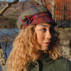 Irish Ladies Tweed Hat Blue Green & Burnt Orange Plaid (with rosette)
